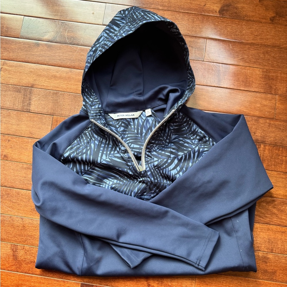 Peter Millar Navy Hooded Quarter-Zip with Palm-Print Yoke
